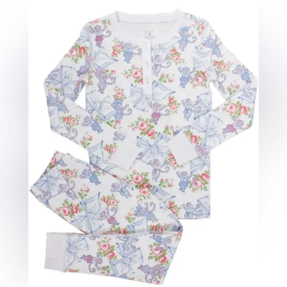 Roller Rabbit x LoveShackFancy Kids Rosa Beaux Monkey Pajamas Pastel Blue Size 8